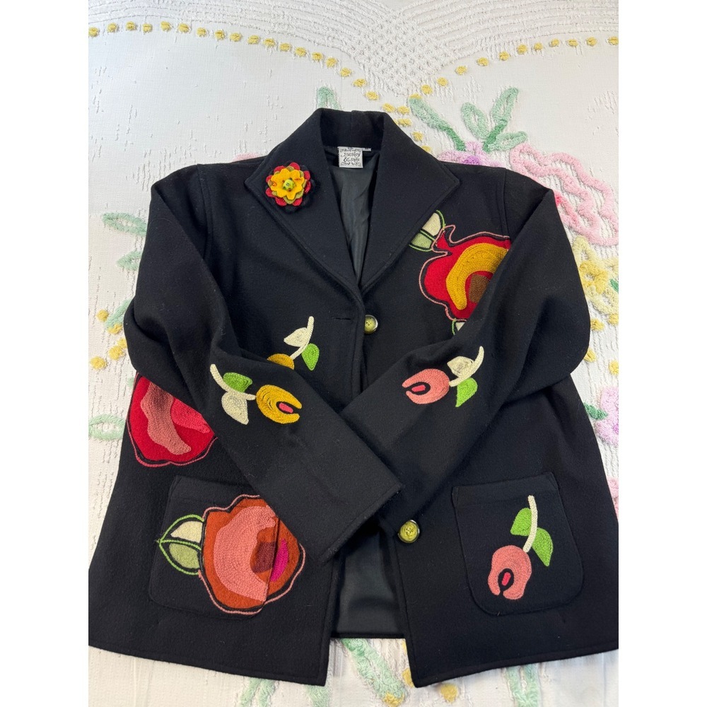 Parsley & Sage vtg Womens Black 100% Wool Floral Applique Jacket Brooch Size M - Picture 5 of 8